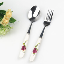 陶瓷不锈钢餐具 创意韩式风彩花式勺子陶瓷柄勺子餐具短柄餐具