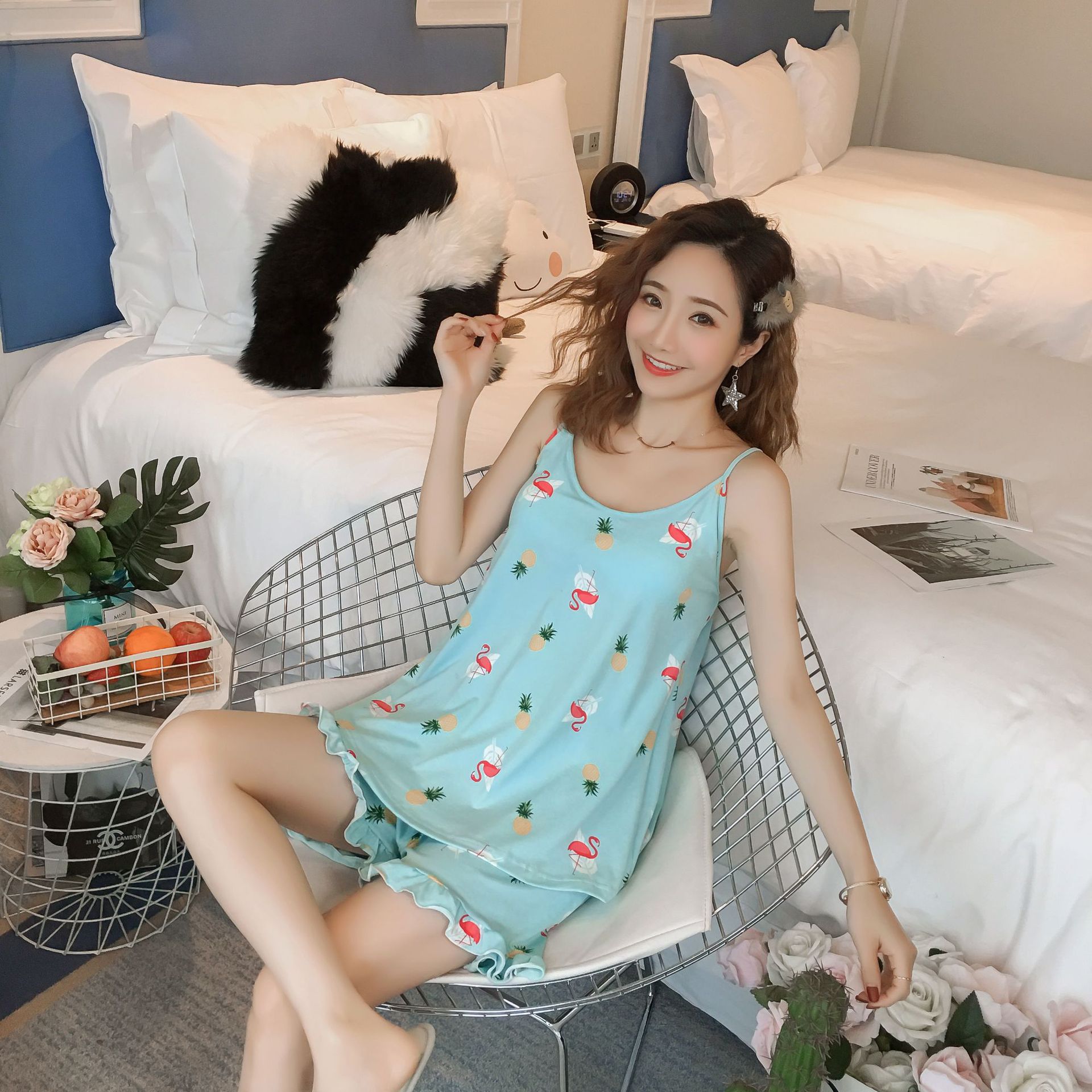 带胸垫免穿内衣睡衣女夏吊带甜美可爱韩版性感家居服套装一件代发