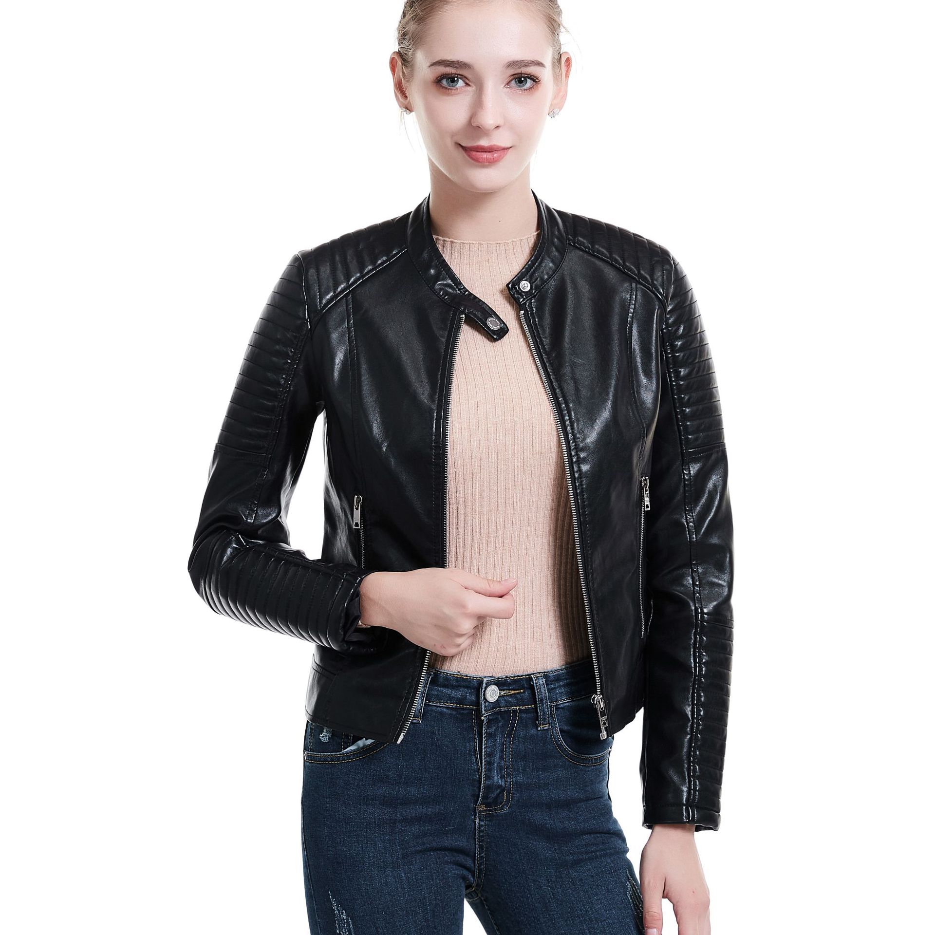 速卖通亚马逊爆款皮衣女 2019立领女式机车皮夹克绗缝外套v8-0019
