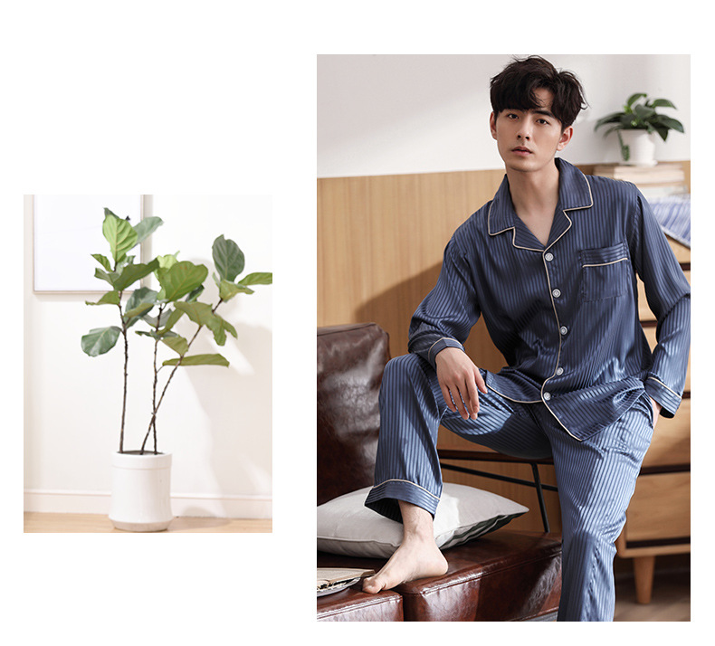 2019安得妮韩国情侣条纹睡衣春秋长袖套装真丝睡衣男女士冰丝睡衣