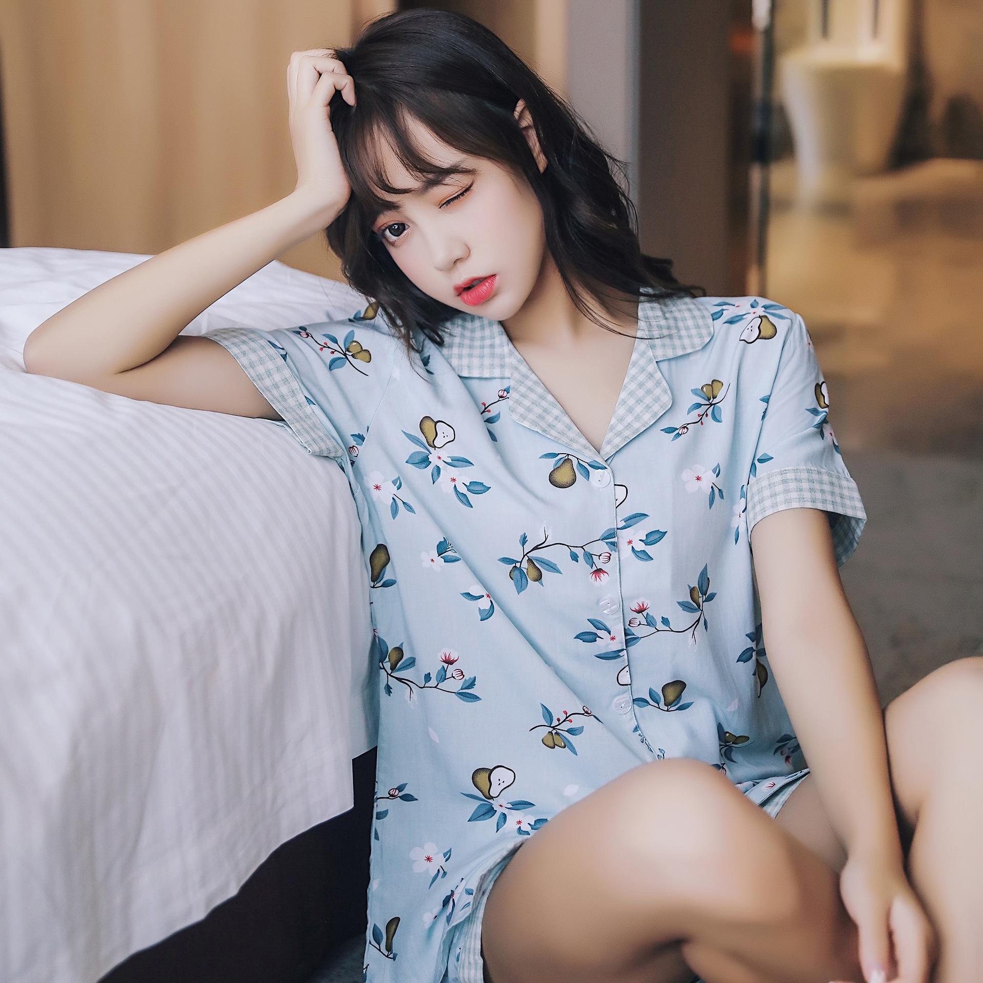 夏季新款清新梨子棉绸女睡衣套装舒适凉爽格子翻领短袖女士家居服
