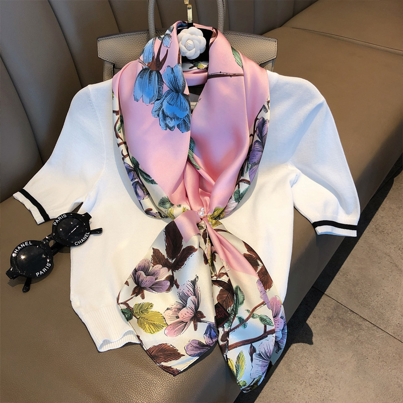 Spring New Silk Scarf Women's Flower Artificial Silk Large Kerchief Summer Travel Sun Protection by the Sea Beach Towel Shawl Gift