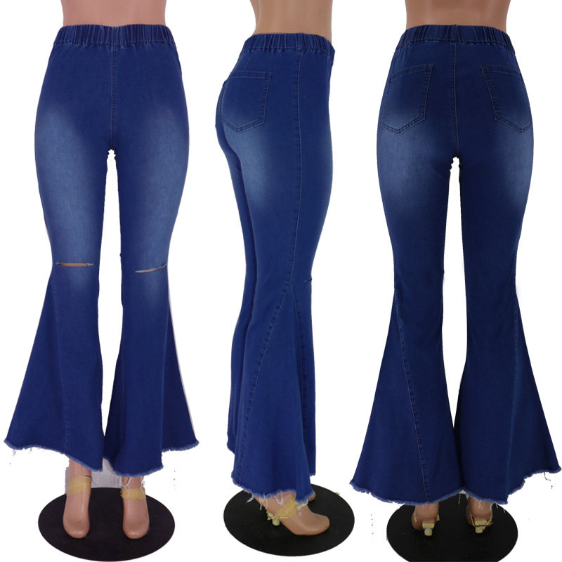 Women's Jeans Foreign Trade Denim Spring Cross-Border High Elasticity Women's High Waist Denim Bell-Bottom Pants Factory Wholesale