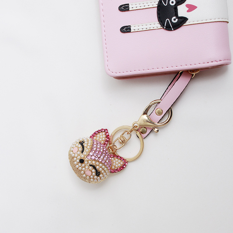 Supply Gift Pearl Fox Head Keychain Cute Creative Diamond-Embedded Ali Accessories Handbag Pendant Customized