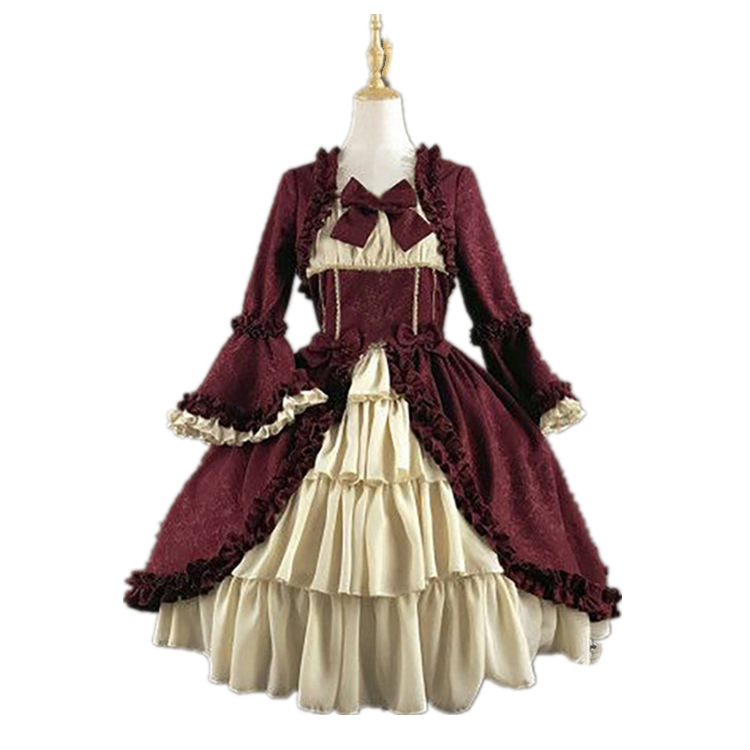 2021欧美中世纪复古哥特宫廷连衣裙方领收腰拼接蝴蝶结礼服裙