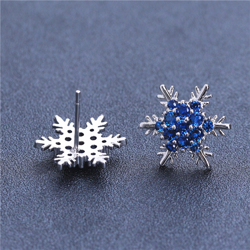 跨境新品欧美 可爱雪花白色蓝色锆石水晶微镶耳钉 镀银白金耳钉女