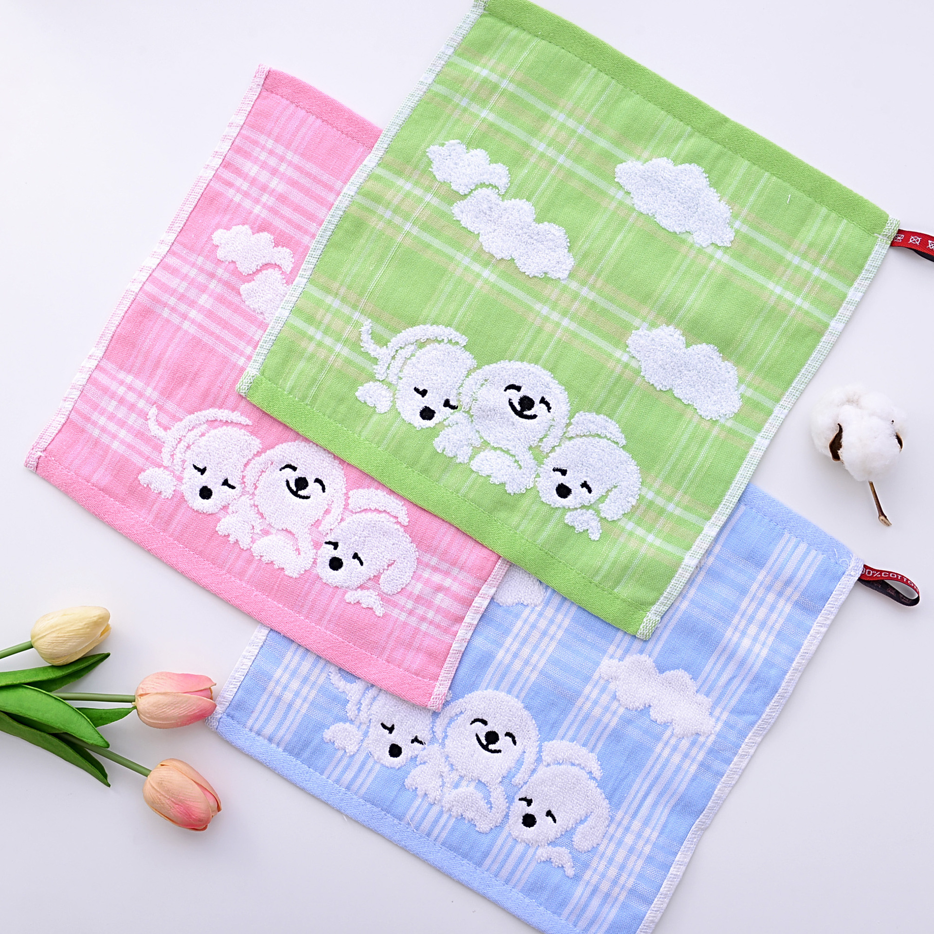 纯棉方巾双层情侣无捻小毛巾小狗卡通图案儿童巾宝宝洗脸巾小手帕-阿