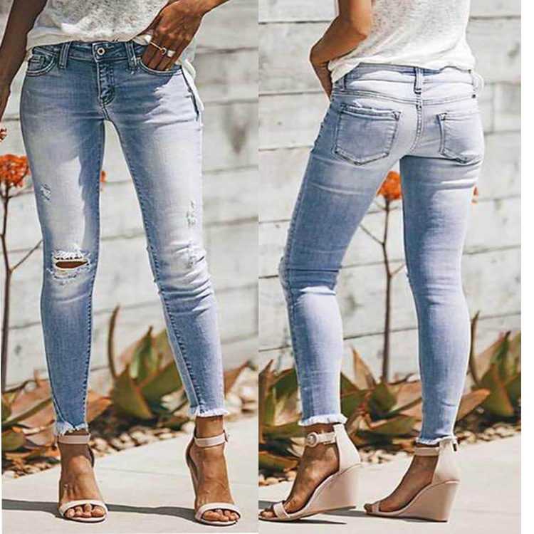 Wholesale Denim Women's Pants Amazon Women's Jeans Sexy Ripped Hem Tight Elastic Pants Women's Pants