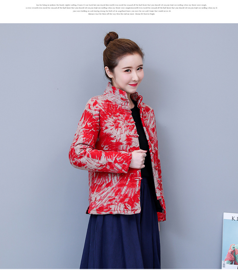 秋冬复古民族风棉服小棉袄短款棉麻印花棉衣盘扣小外套女