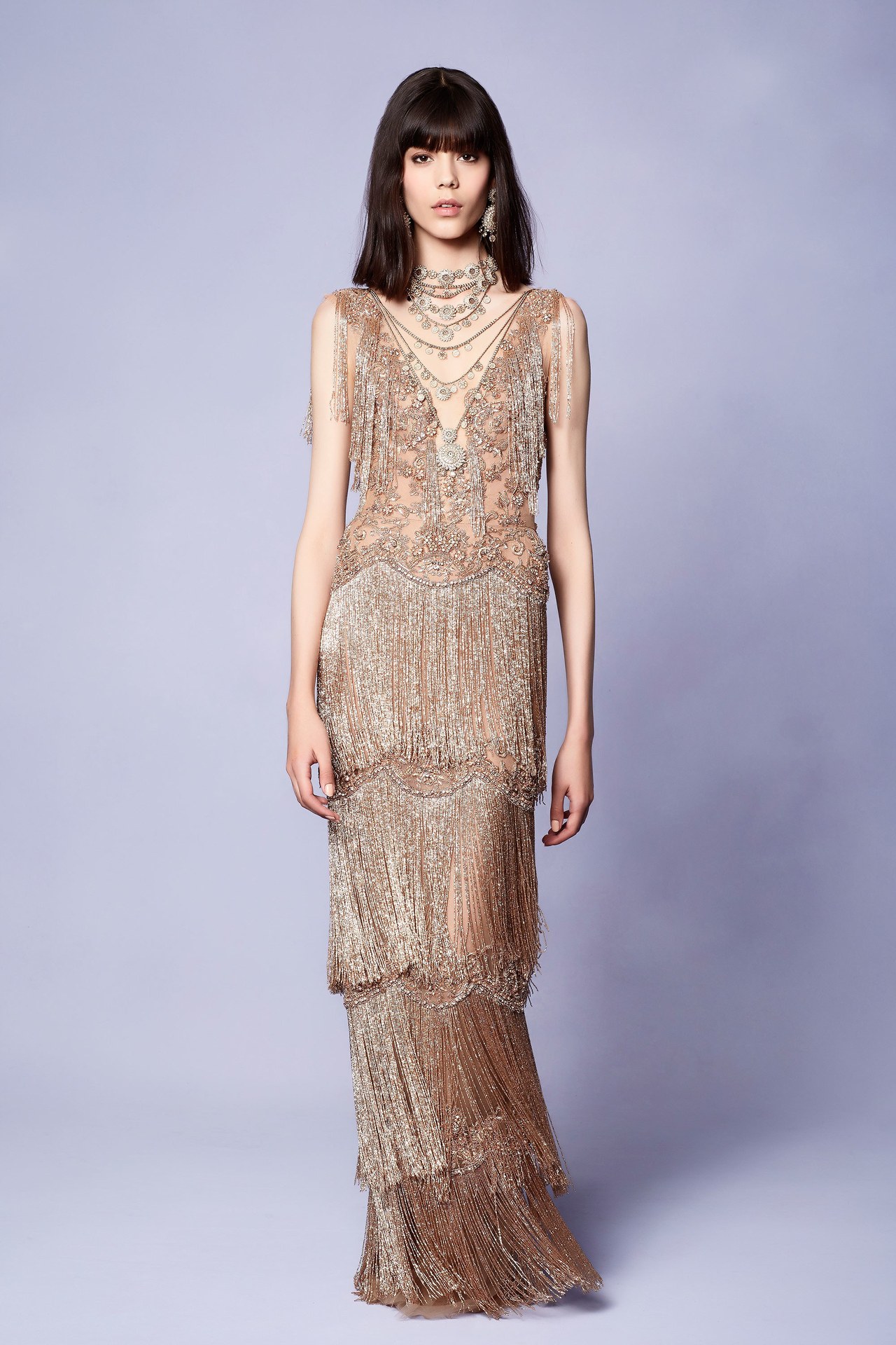 高级定制明星款marchesaflapper盖茨比重工钉珠深v金色流苏礼服