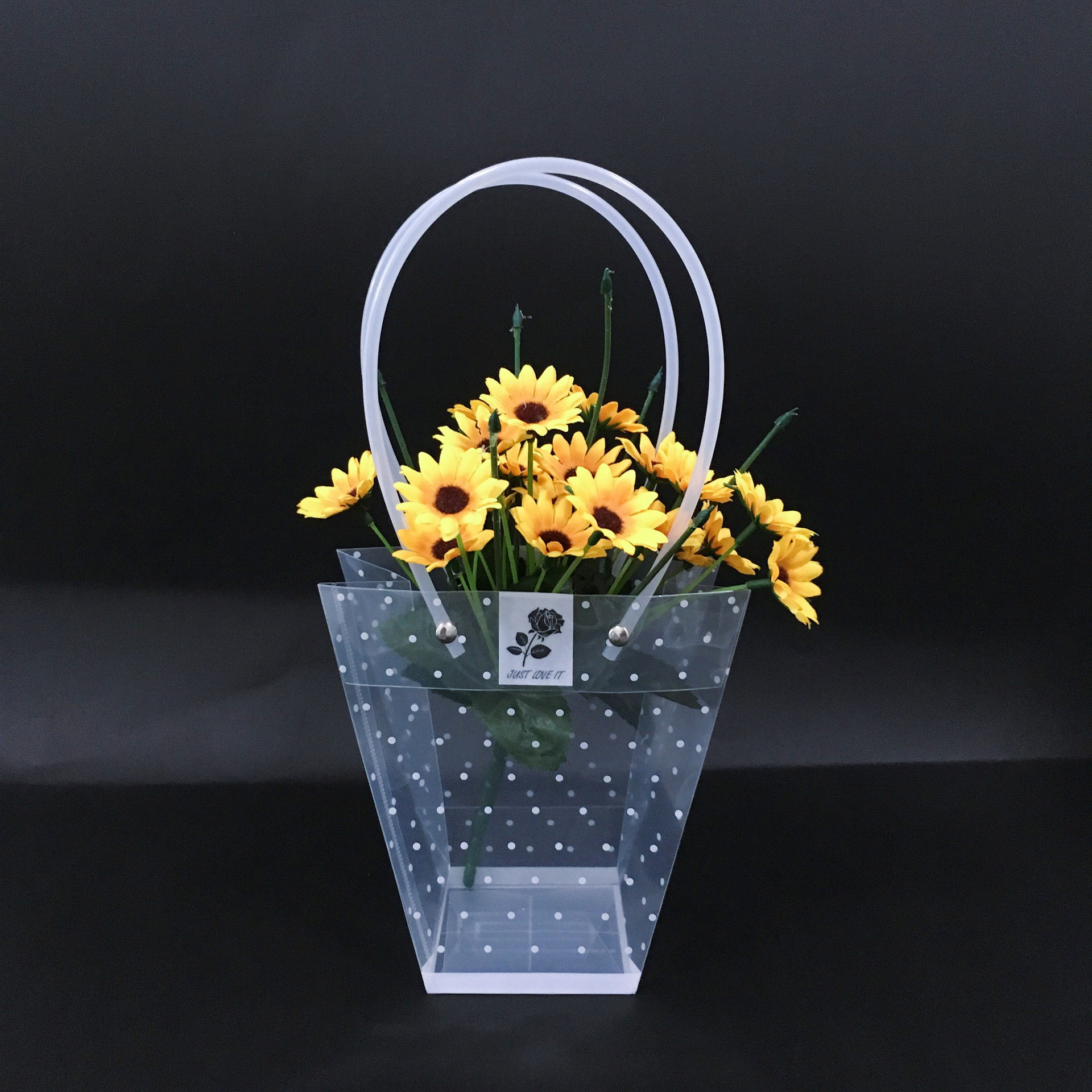 礼品包装-透明梯形防水手提袋波点袋便携鲜花袋 花束盆栽多肉植物手提