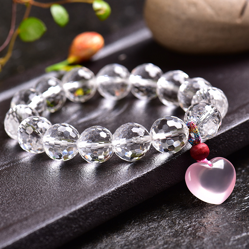天然白水晶切面刻面手链女搭配天然粉晶爱心坠子diy手工饰品