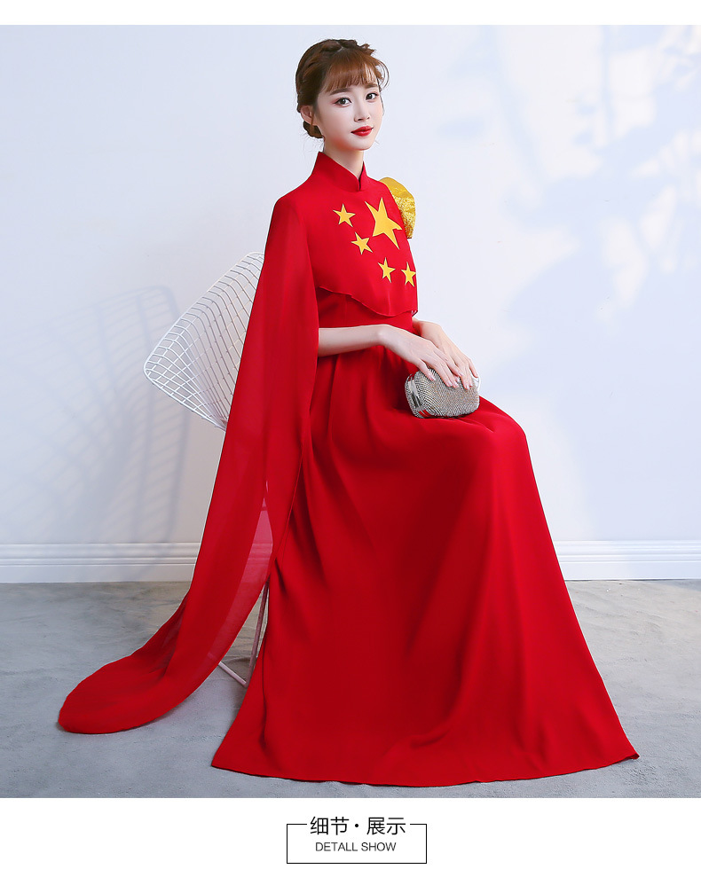 大合唱演出服女长裙中国红新款合唱团红歌比赛服装现代大型舞蹈服