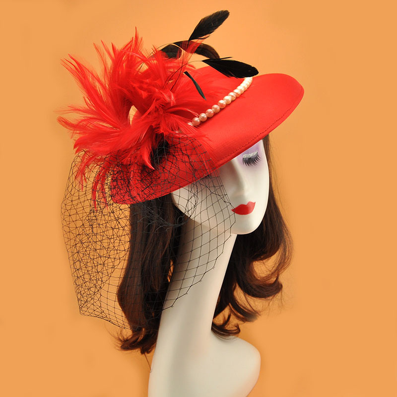 黑色缎面大礼帽欧式宫廷羽毛网纱帽复古珍珠大帽子发饰宴会礼服帽