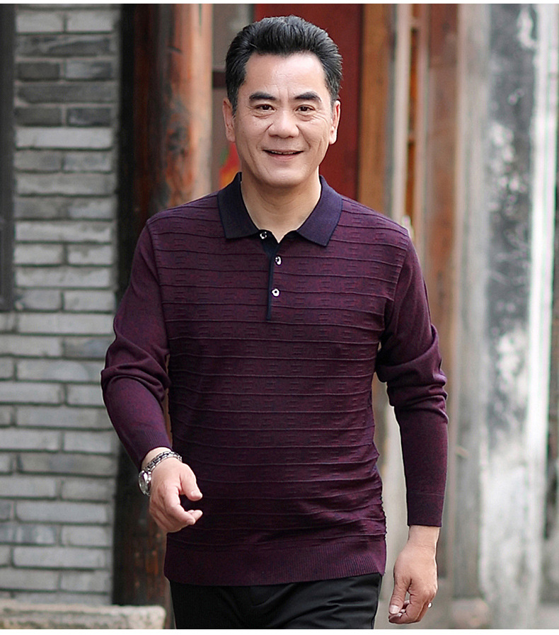 中年男士爸爸翻领长袖t恤2019秋冬季中老年40-50岁男装针织打底衫