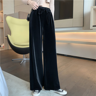 超火cec裤子黑色丝绒阔腿裤女秋冬小个子高腰垂坠直筒宽松学生潮