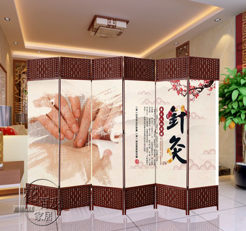 中医养生馆用屏风美容隔断折屏按摩针灸足疗会馆折叠布艺玄关屏风