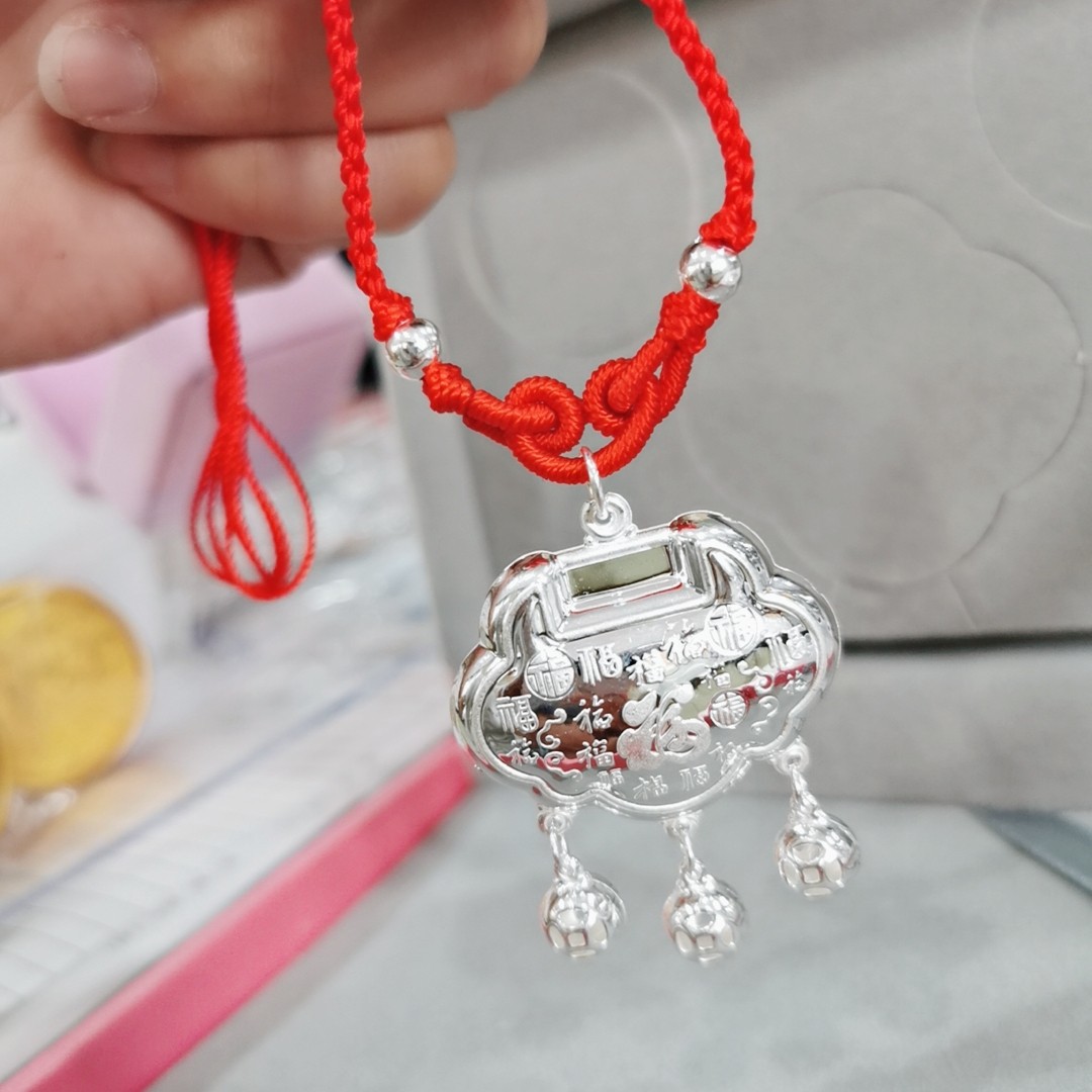 990纯银百福长命锁转运珠手工红绳编织项链周岁宝宝儿童节礼品