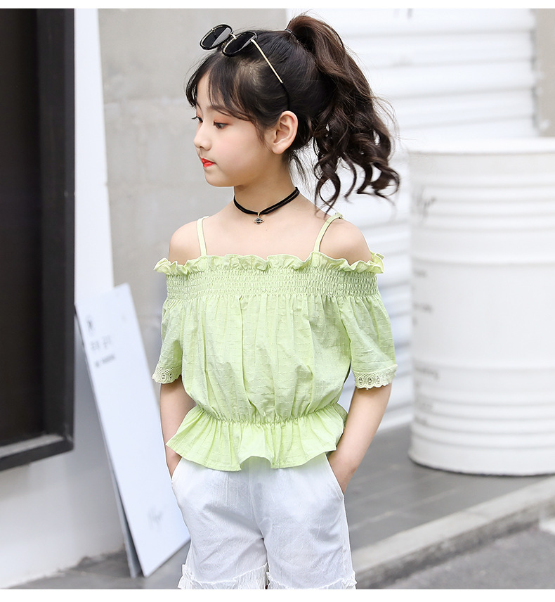 女童一字肩上衣露肩短袖套装灯笼袖韩版时髦休闲短裤两件套夏款潮