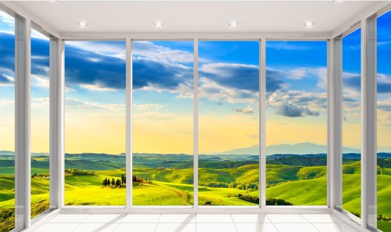 5d延伸空间客厅沙发背景墙面装饰墙纸壁画 5d自然风景落地窗壁纸