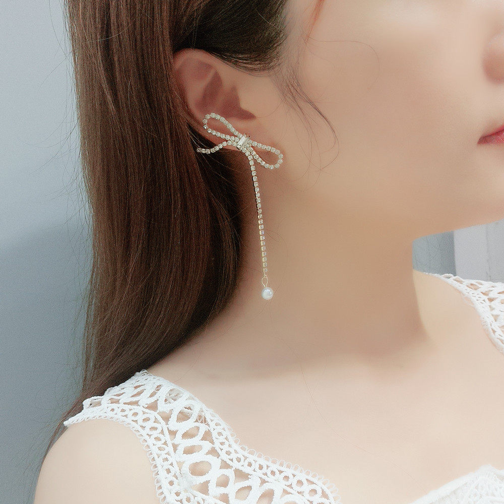 d022镶钻不规则蝴蝶结长耳环吊珍珠淑女韩版耳饰品s925纯银针耳饰
