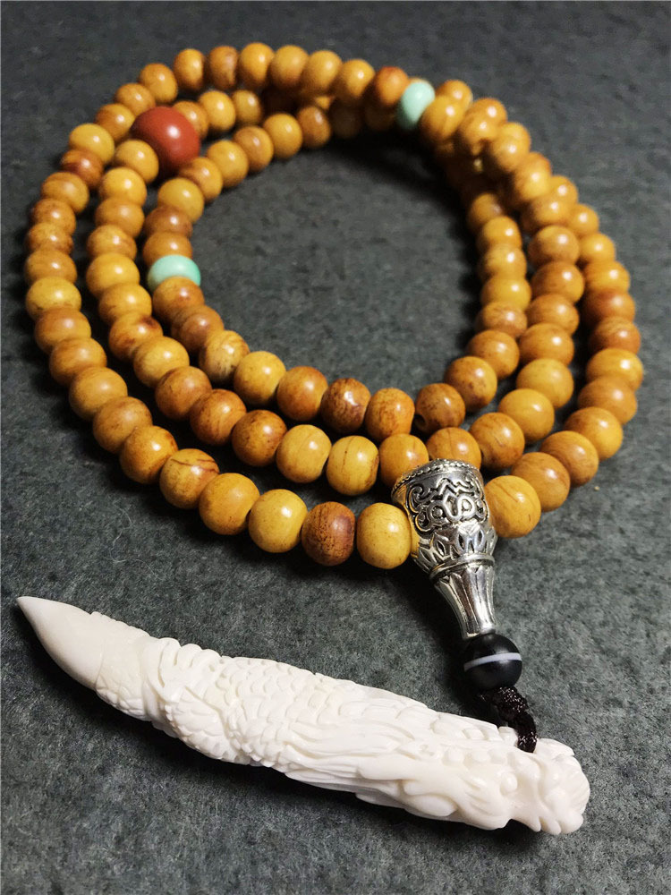 原创新品做旧老料豹骨佛珠108颗圆珠搭配鹿骨龙牙男士项链毛衣链