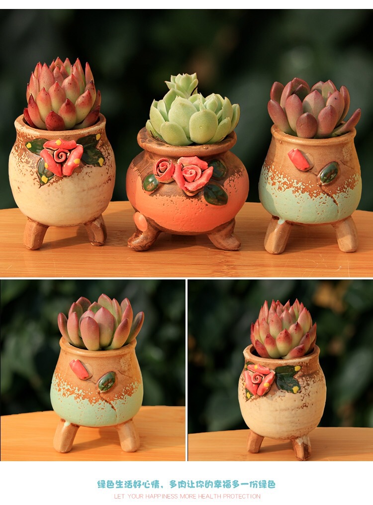 手工捏制手绘玫瑰浮雕创意花盆陶瓷彩色陶土迷你多肉植物小花盆
