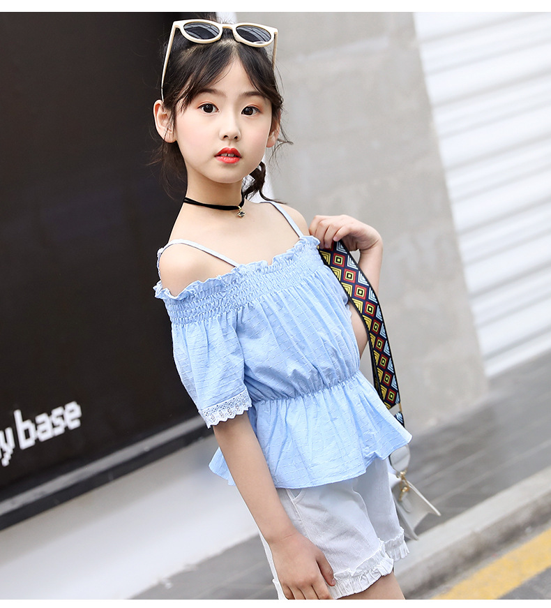 女童一字肩上衣露肩短袖套装灯笼袖韩版时髦休闲短裤两件套夏款潮