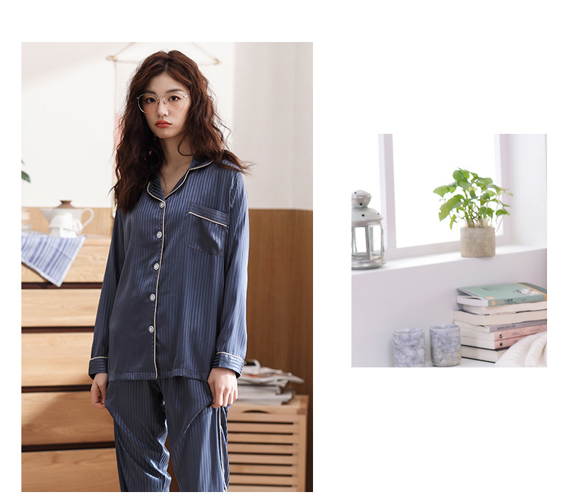 2019安得妮韩国情侣条纹睡衣春秋长袖套装真丝睡衣男女士冰丝睡衣