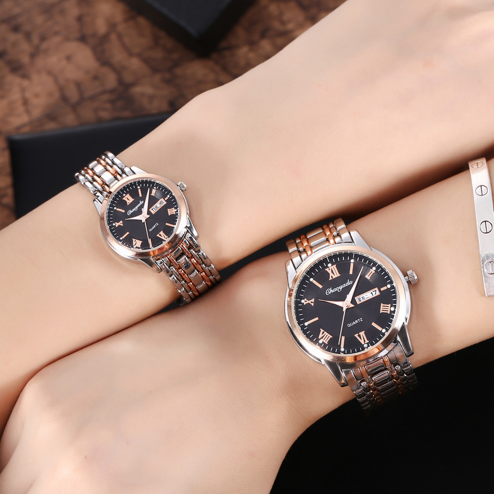 厂家批发chaoyada品牌合金套装时尚商务情侣手表双日历石英手表