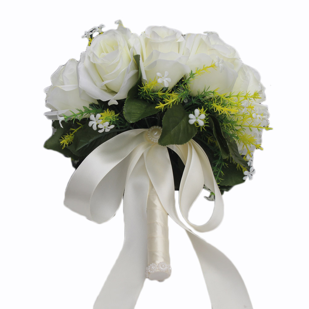 wifelai新款仿真花米白色玫瑰绢花结婚新娘手捧花束缎带fw2019a