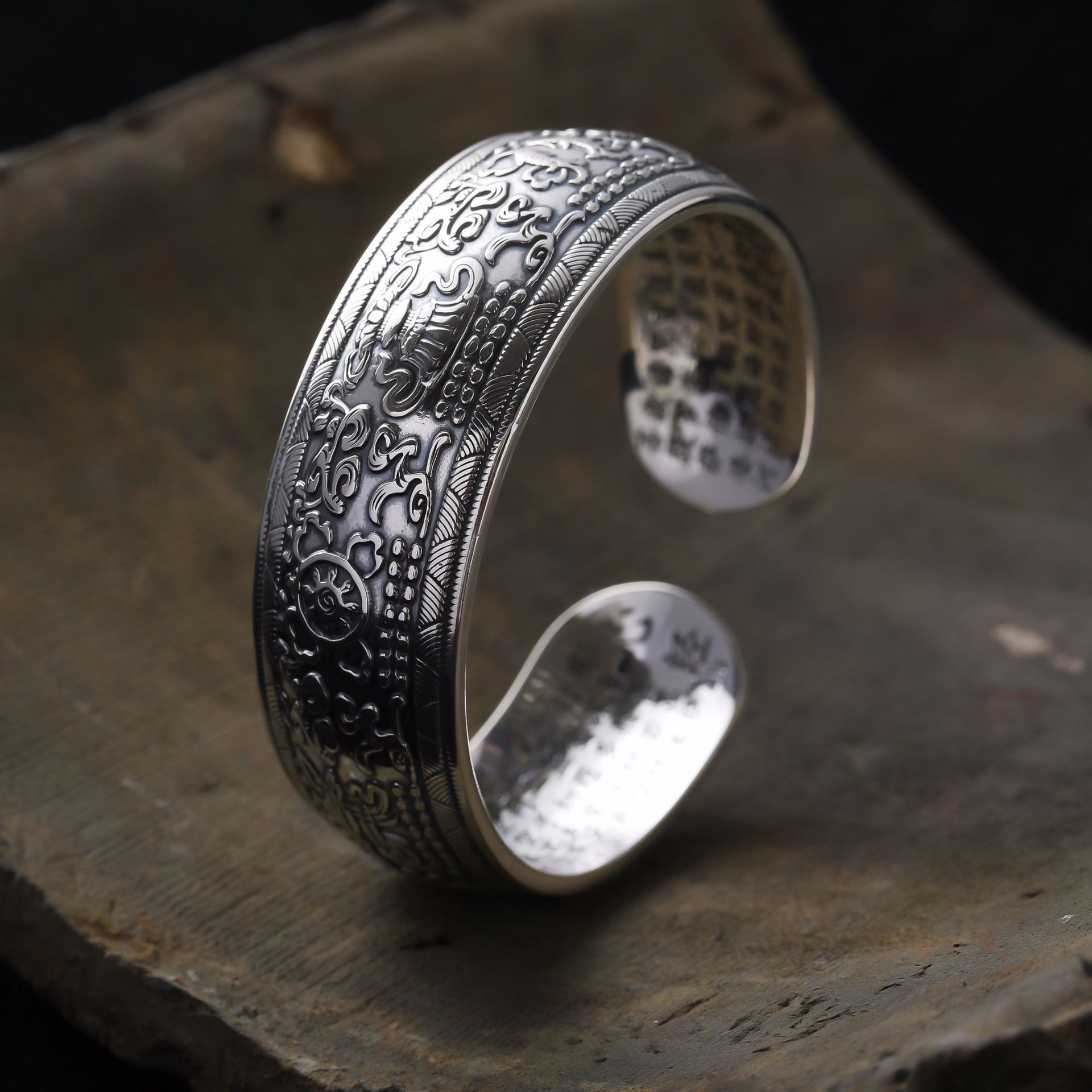 s999足银手镯 心经 复古泰银镯子 吉祥八宝 中国风圆镯礼物批发