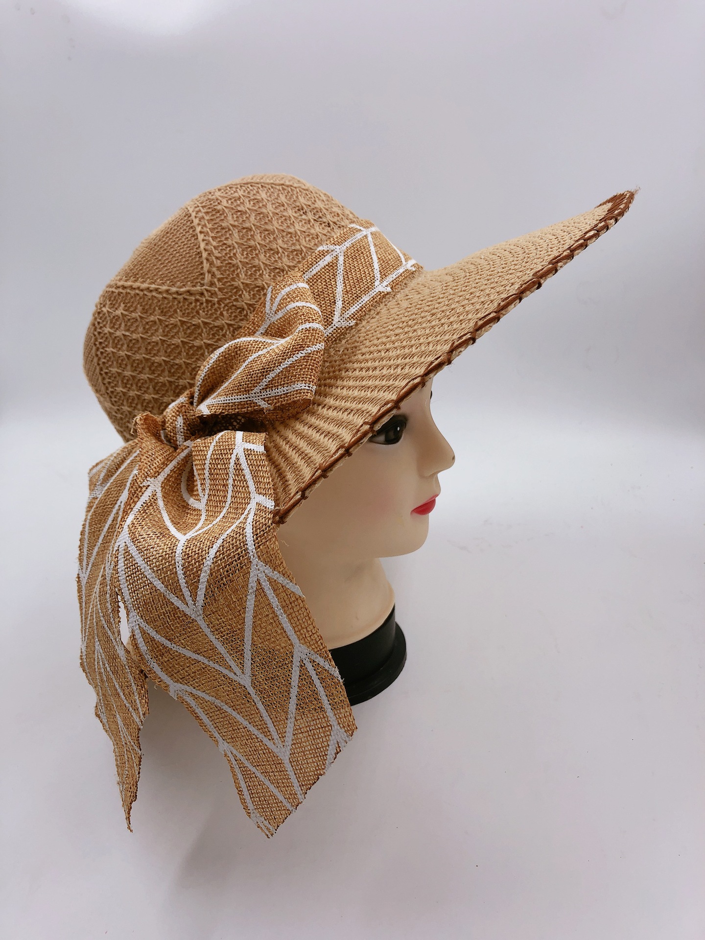 帽子女士帽春夏帽针织帽太阳帽大沿帽新款树枝图案麻布蝴蝶结大帽