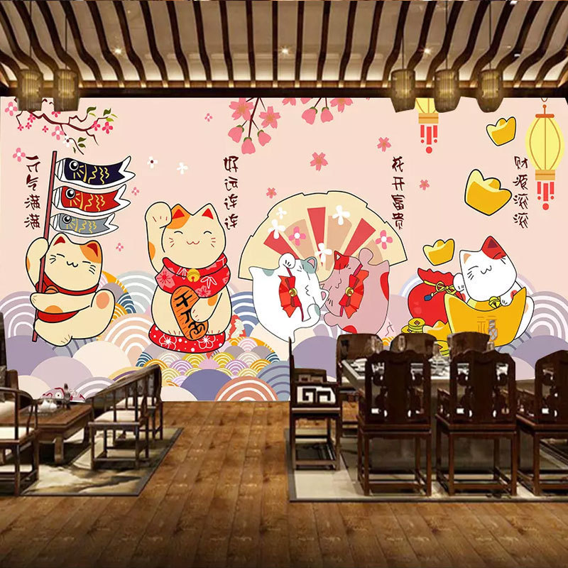 日本料理和风浮世绘墙纸日本料理个性主题餐厅包厢寿司店大型壁画