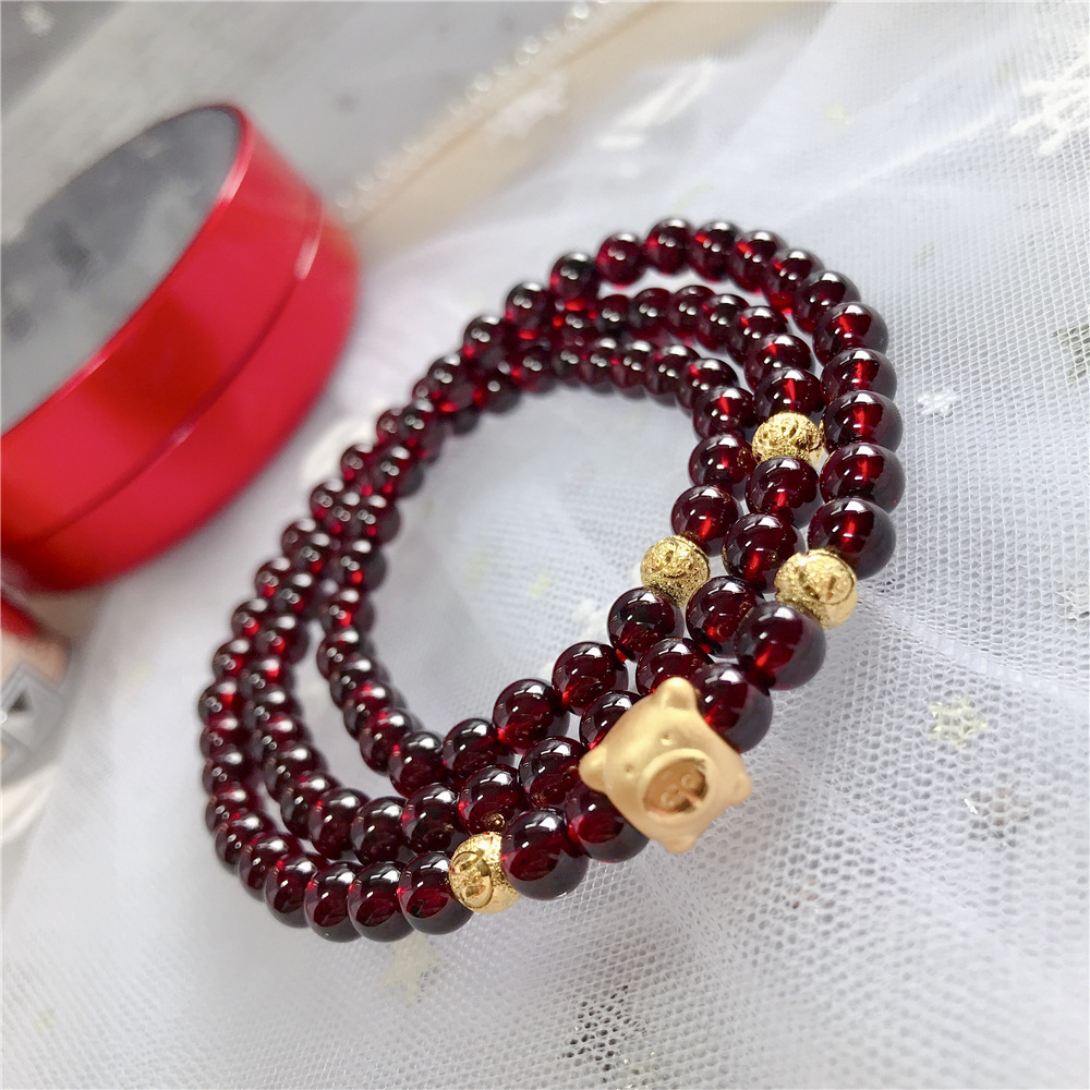 s999纯银镀金猪石榴石手链本命生肖年3d硬银立体猪手串金猪手饰