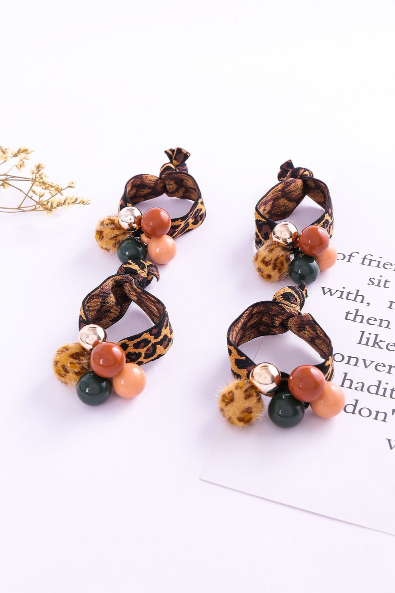 秋冬新款韩版发饰宽边豹纹五珠发圈高弹性粗款扎头绳两元店货源