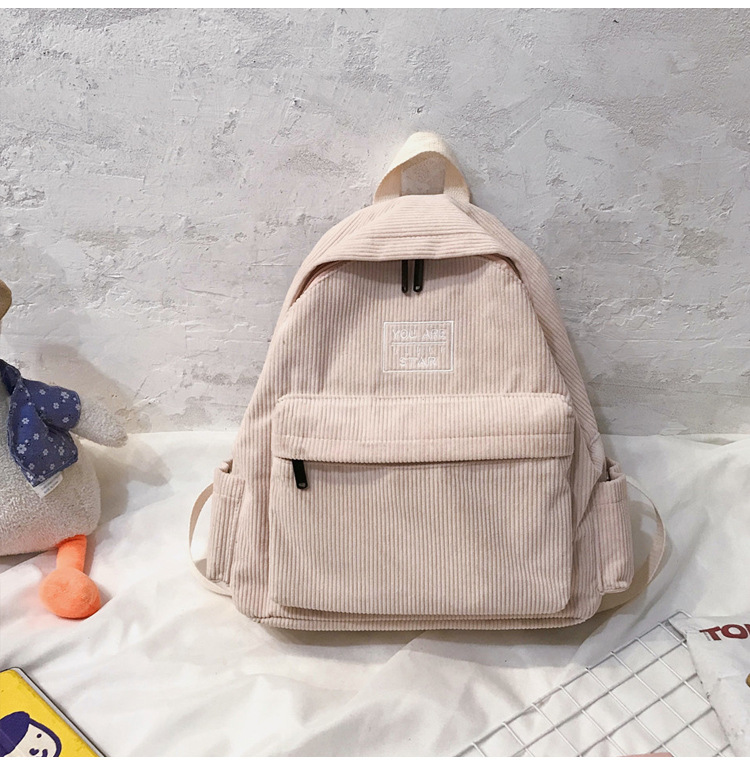 ins古着少女书包韩版高中大学生森系背包港风复古文艺条绒双肩包