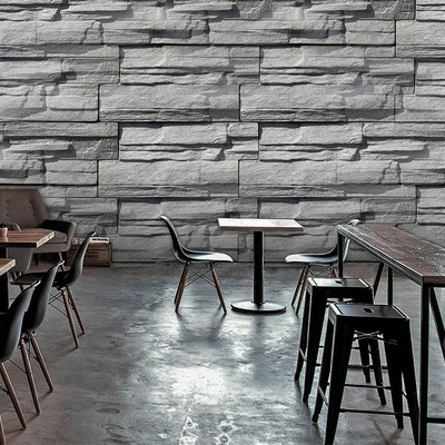 3d立体欧式复古砖纹石墙壁纸咖啡店灰色服装店背景墙工业风壁纸