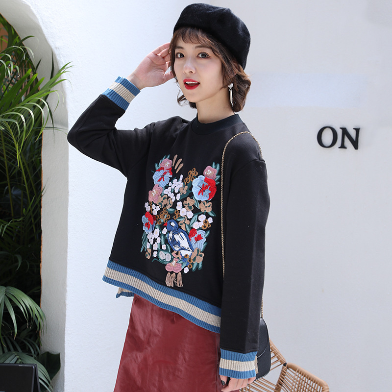 2021秋冬d素女圆领长袖立体绣花卫衣套头针织衫上衣1a3j102-阿里巴巴