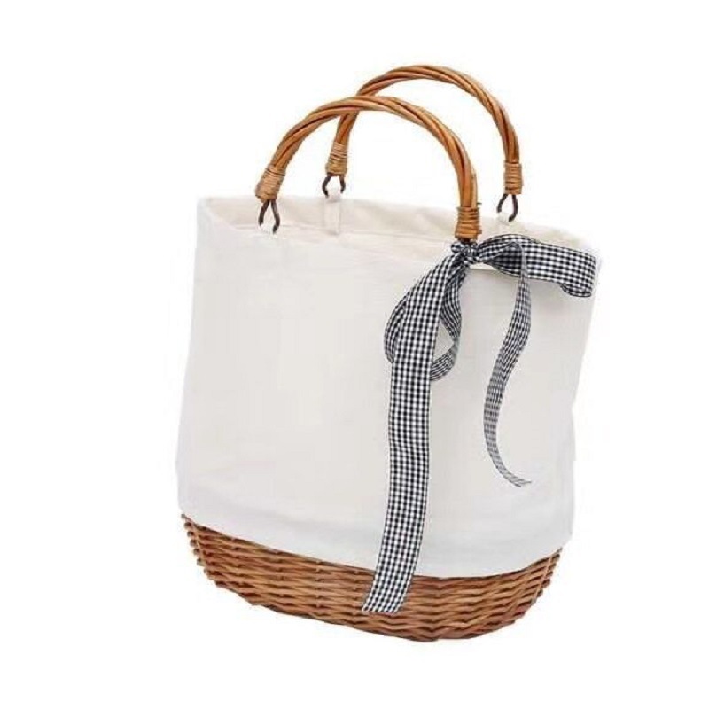 Factory Direct Sales Hand-Woven Splicing Package Canvas Bag Canvas Bag Shopping Bag Willow Rattan Plaited Shopping Basket