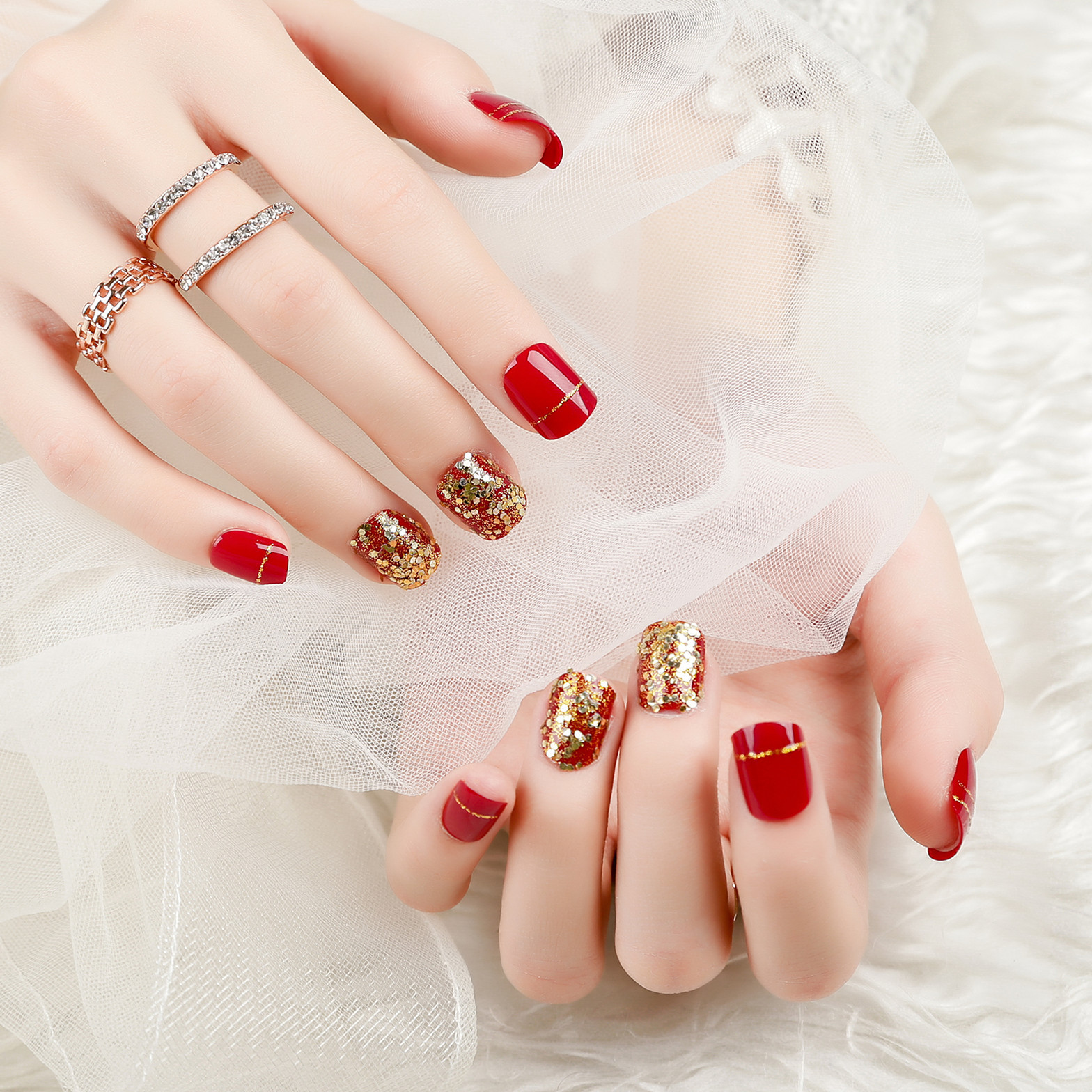 美甲甲片成品 影楼新娘假指甲穿戴可拆卸 指甲片美甲24片成品nail