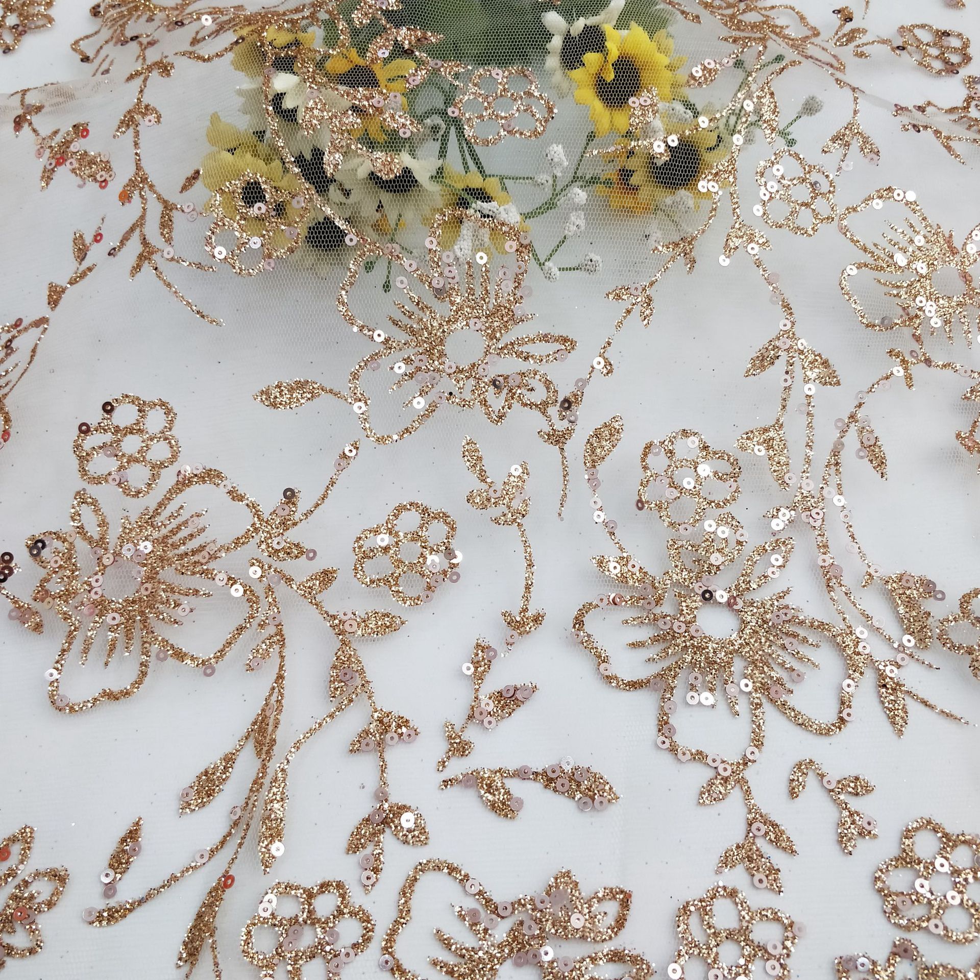 撒粉欧根纱 玻璃纱绣片撒金 花朵树叶 服装面料