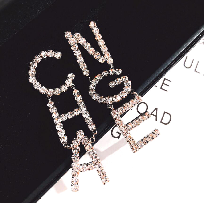 许晴同款耳环闪钻字母change耳环长款气质网红夸张925银针耳坠