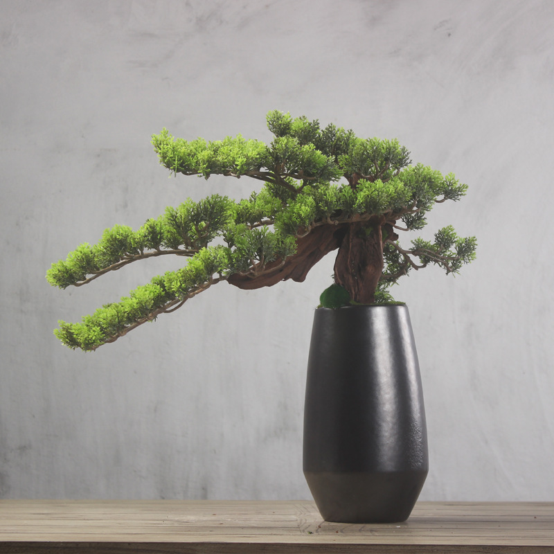 迎客松仿真松树盆景高品质仿真花中式样板房客厅插花摆设花瓶摆件