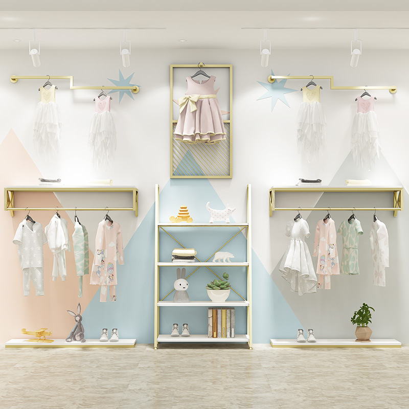 童装店展示架上墙儿童服装架挂衣服架子纳米金色童装货架童鞋包架