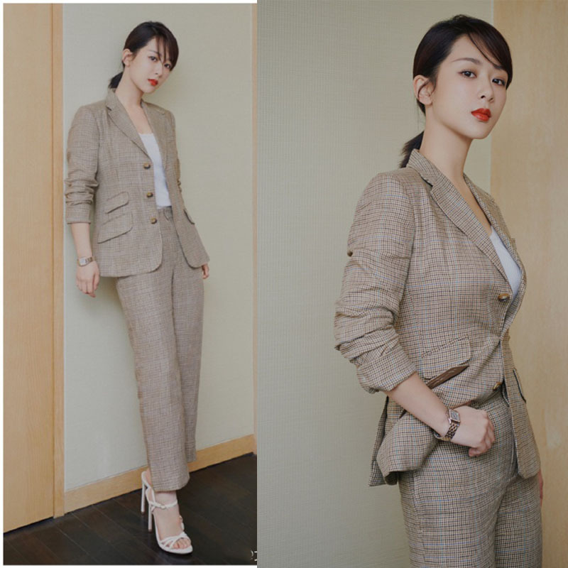 2019新款杨紫明星同款格纹西装显瘦韩版秋西服两件套ol西装套装女