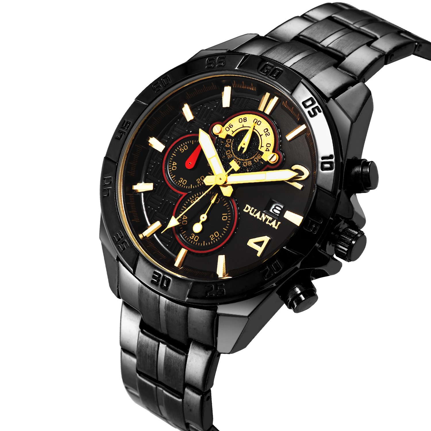duantai厂家实心钢带运动风格三眼六针带日历石英表防水运动手表