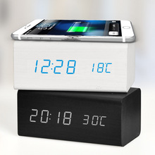 创意手机无线充电木头钟 一屏双显时间温度闹钟厂家批发定制