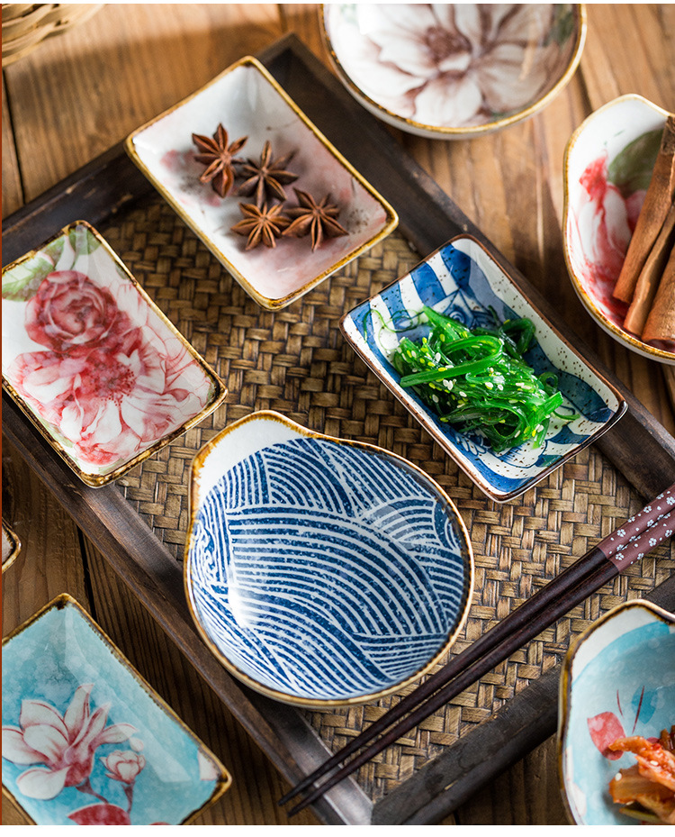 机印日式餐具手绘釉下彩酱料碟味碟蘸酱碟四方碟