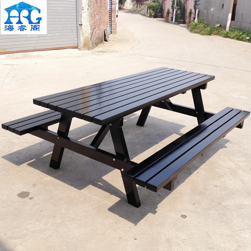 户外实木桌椅 室外公园小区酒吧会所休闲创意连体防腐木桌椅组合